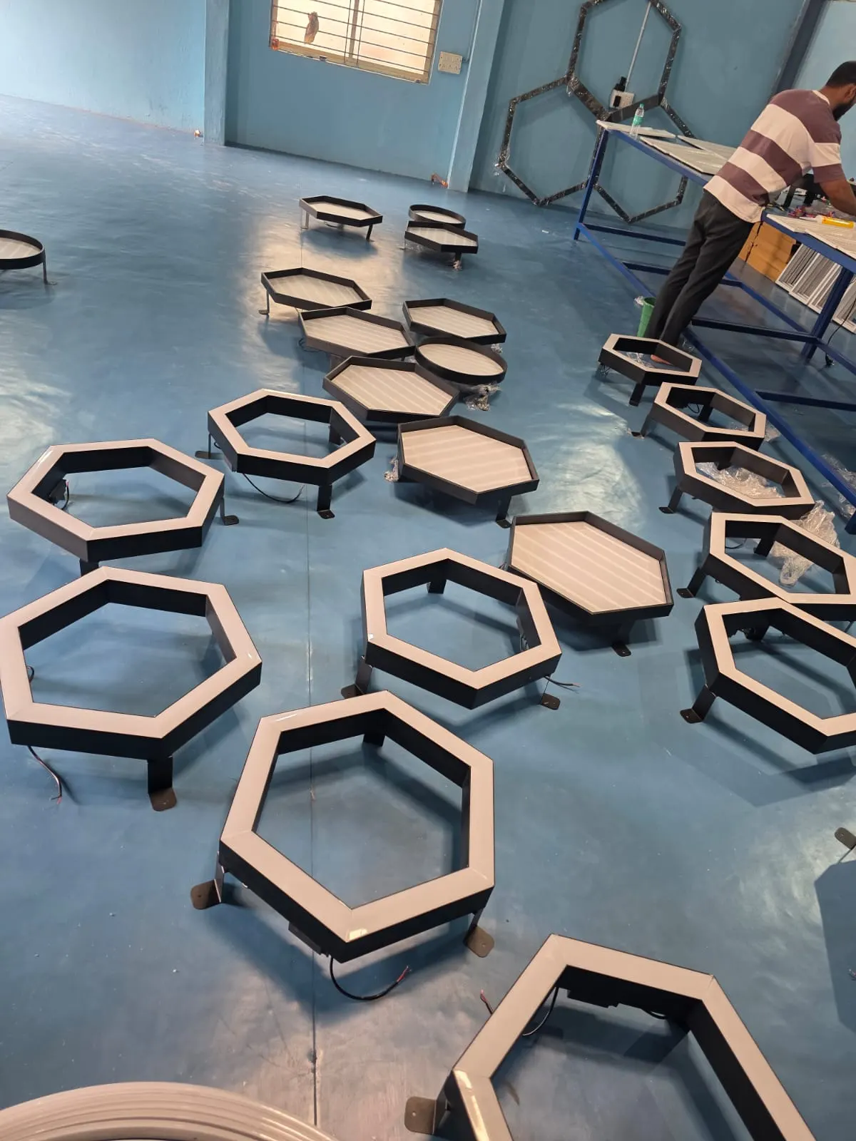 Hexagon luminaires being assembled at the G Tech Lights workshop in Bengaluru