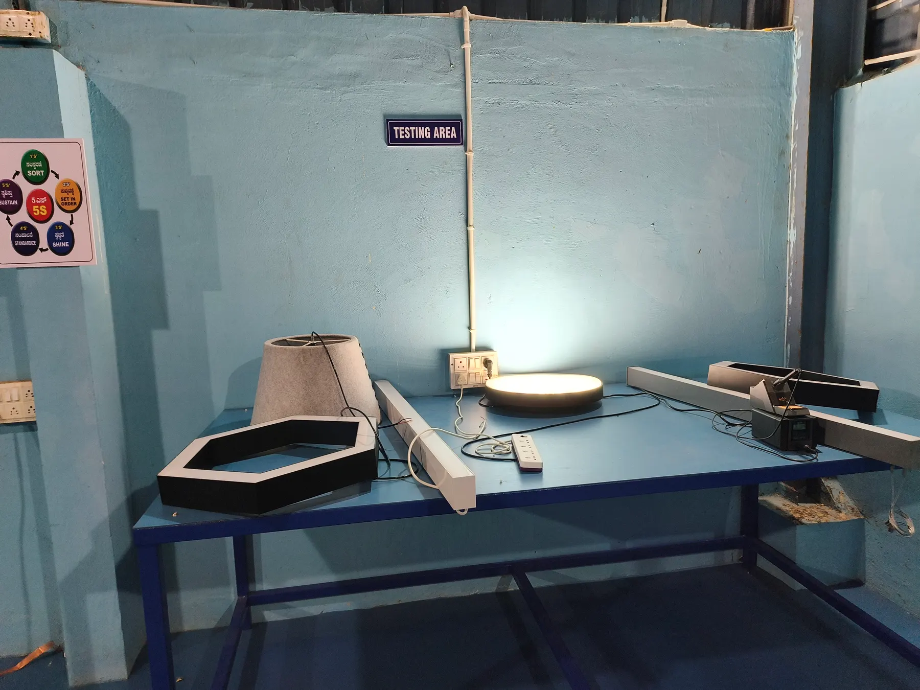 Hexagon, linear and round luminaires on the bench in the G Tech Lights testing area