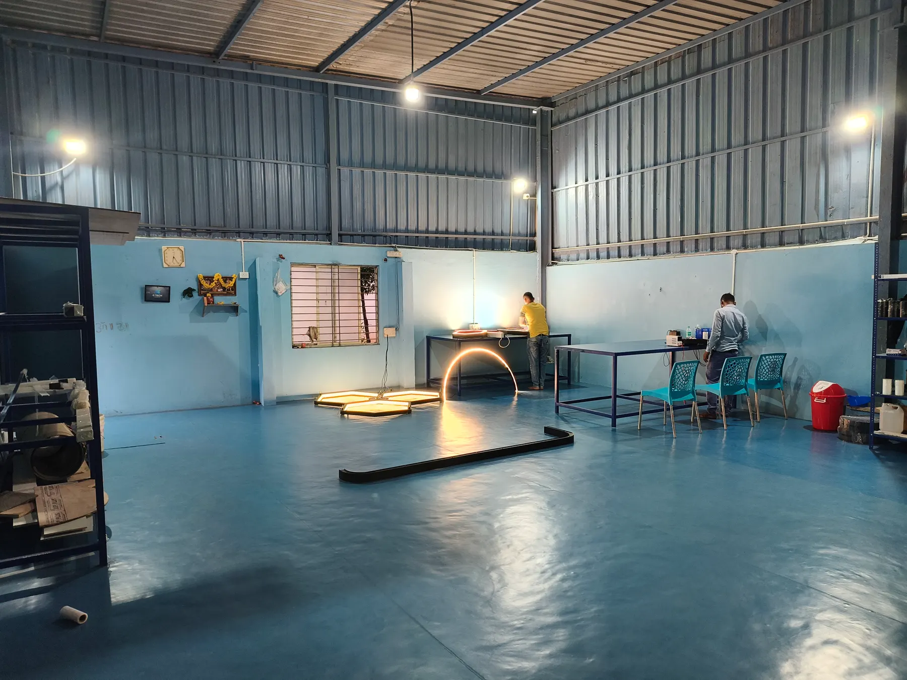 G Tech Lights workshop floor with custom luminaires under test