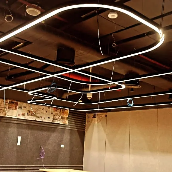 Overlapping rounded-rectangle profile lights suspended under an exposed ceiling